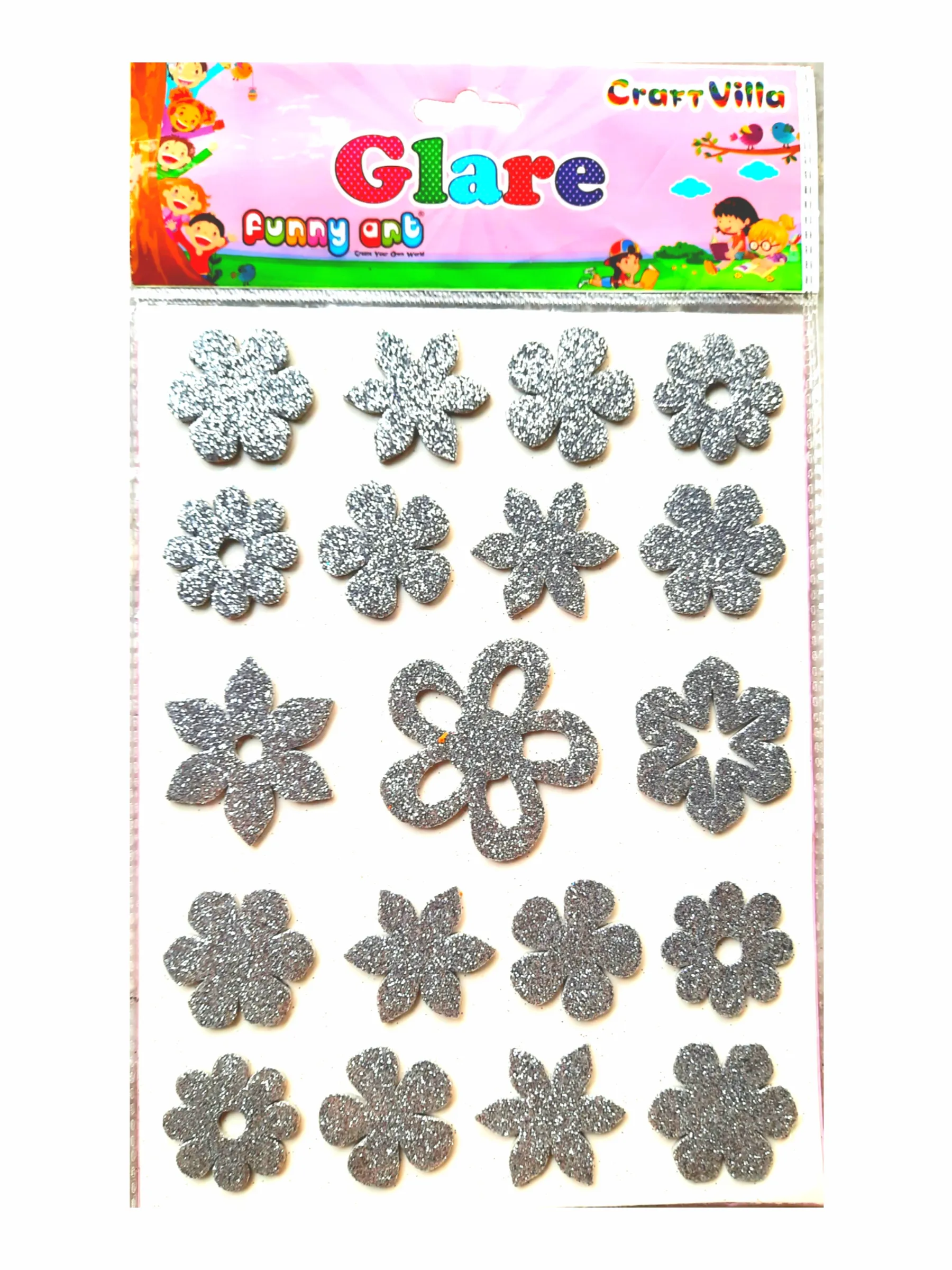 Craft Villa Glare Sparkle Glitter Self Adhesive (Silver Color) Eva Foam Sticker (Flower Shape) Stickers for Craft , DIY, Scrapbooking and Decoration etc