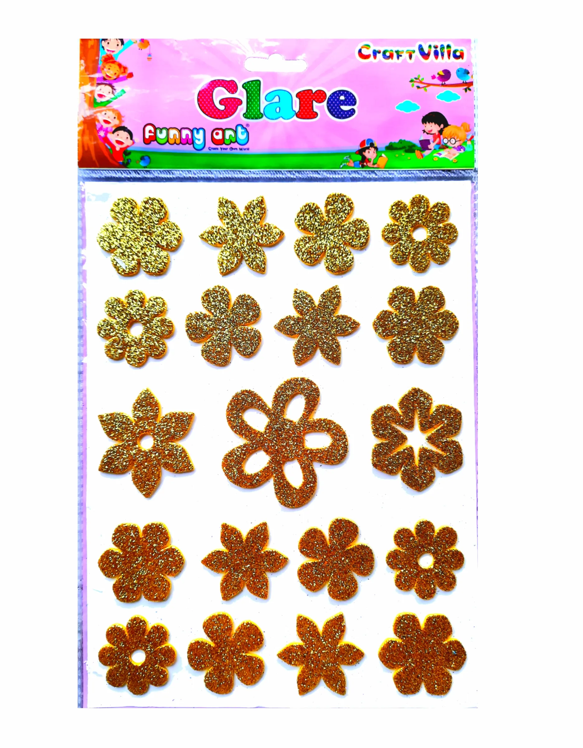 Craft Villa Glare Sparkle Glitter Self Adhesive (Golden Color) Eva Foam Sticker (Flower Shape) Stickers for Craft , DIY, Scrapbooking and Decoration etc