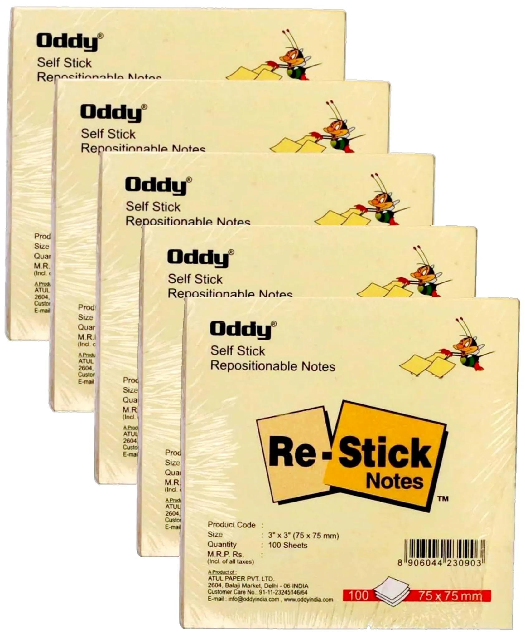 Oddy Self Stick Repositionable Notes 3"X3" (75X75 mm) 5 Pack of 100 Sheets