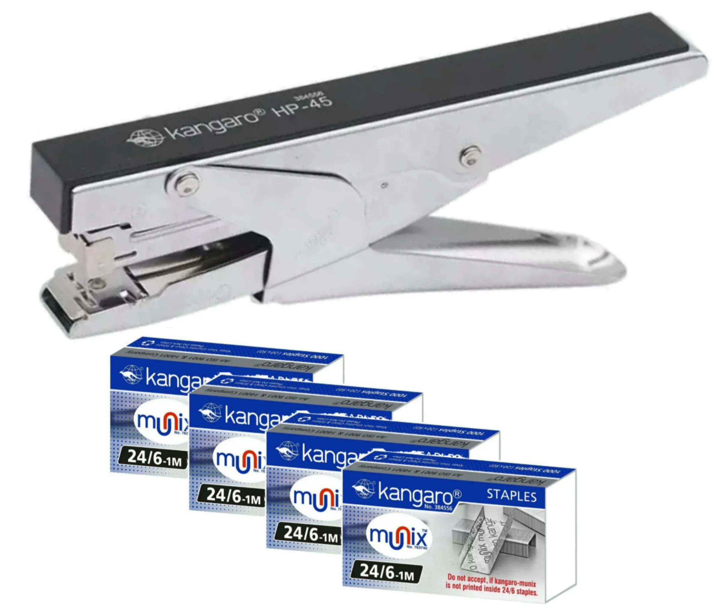 Kangaro HP- 45 Stapler With 4 Packs of Staple Pins 24/6-1M Metal Body With Nickel Chrome Plating Combo Pack