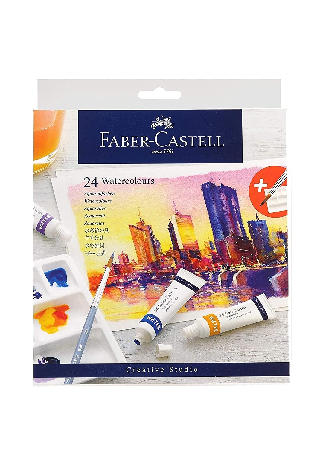 Faber Castell Creative Studio Water Colour 9ml Set of 24 shades With Free Size Brush And Palette Plate