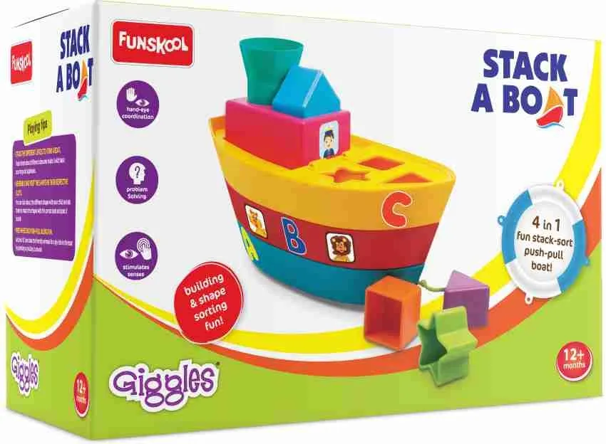 Funskool Giggles Stack A Boat Multi Colour 4 in 1 Fun Stack Sort Push Pull Boat