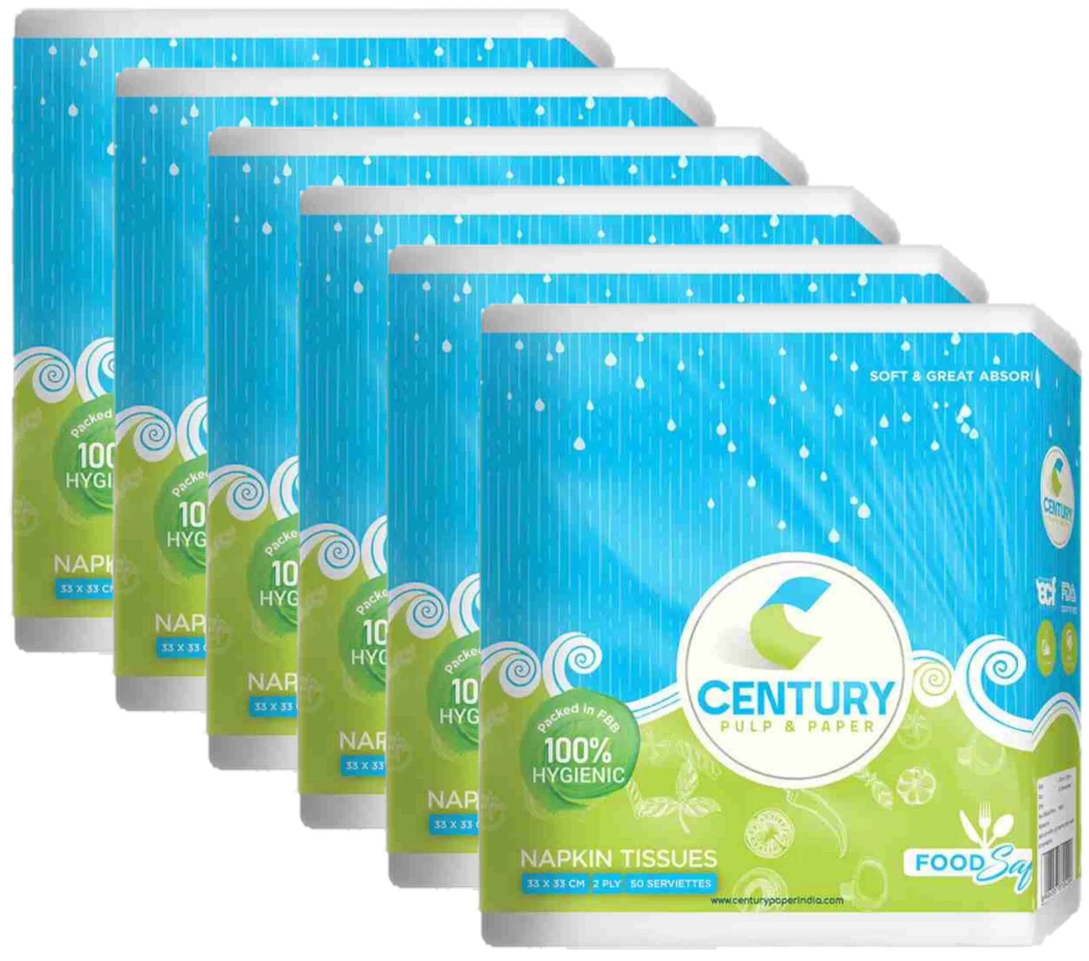 Century Food Safe Napkin Tissue (33 X 33 cm , 50 Pulls / Serviettes) - Pack Of 6