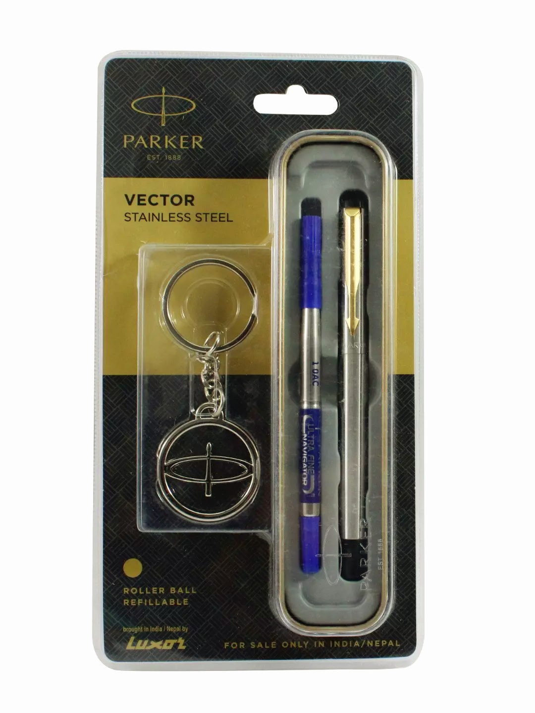 Parker Vector Stainless Steel Gold Trim Roller ball Pen + Key Chain (Pack of 1)