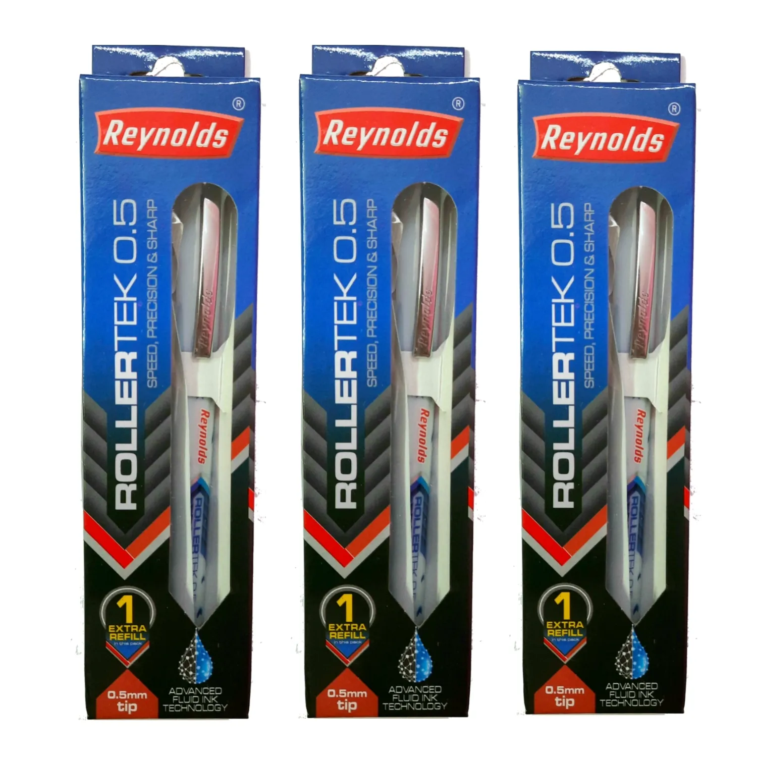 REYNOLDS ROLLERTEK 0.5 MM CT BOX OFFER- BLUE ROLLER BALL PEN 1 Free CartridgePACK OF 3