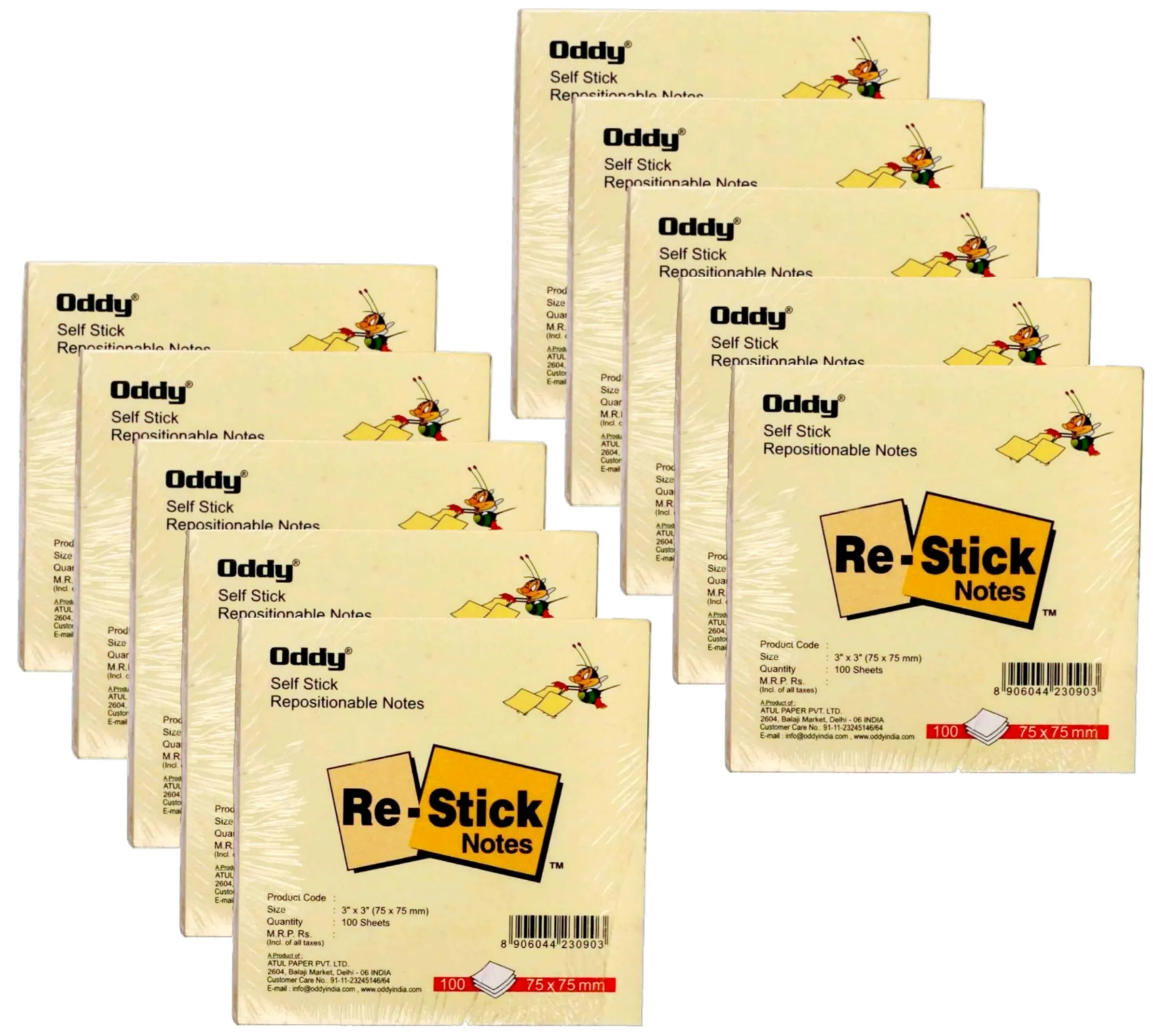Oddy Self Stick Repositionable Notes 3"X3" (75X75 mm) 10 Pack of 100 Sheets
