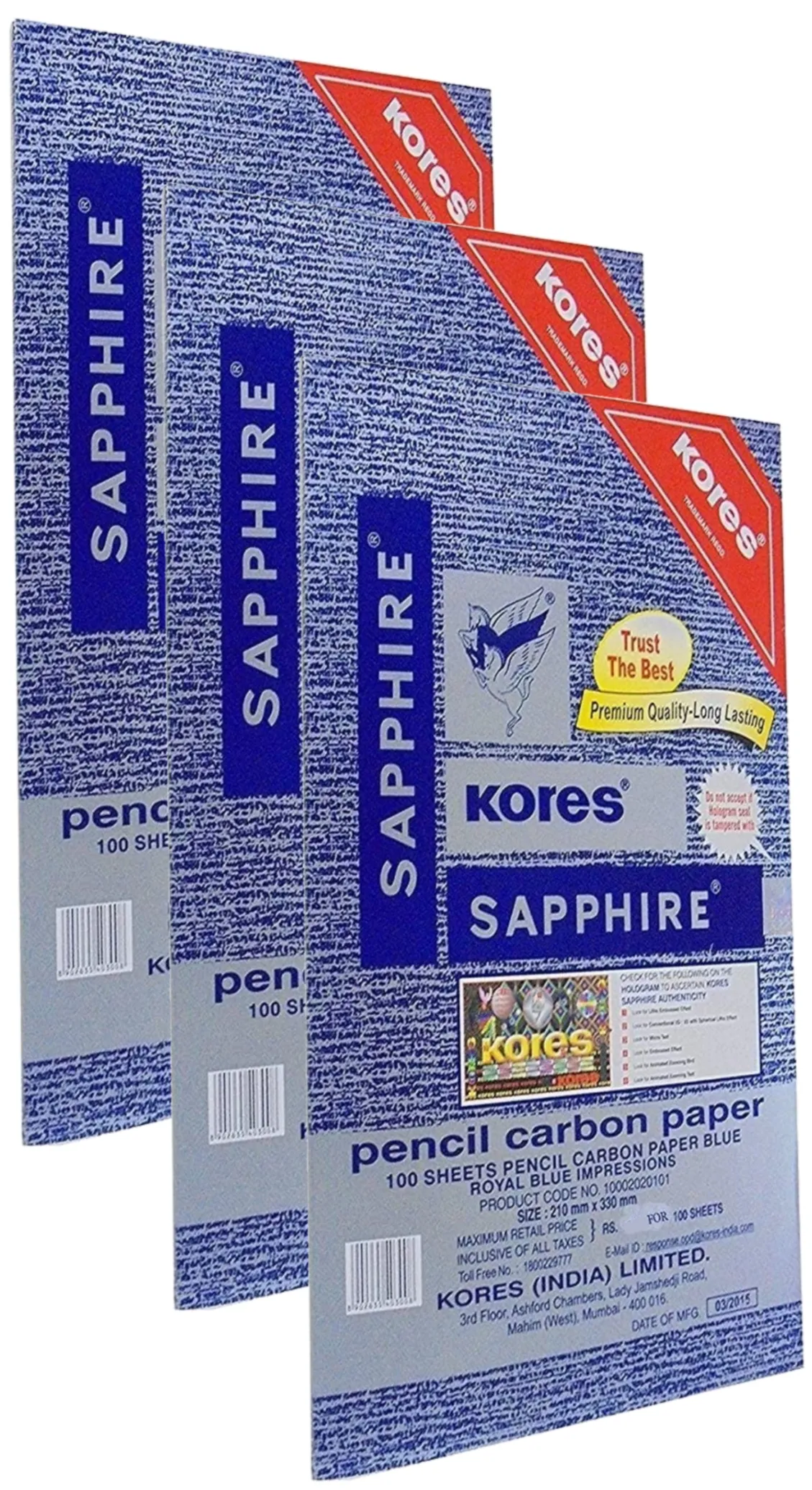 Kores Sapphire Pencil Carbon Paper, Royal Blue 100 Sheet inside Pack, (Pack of 3)