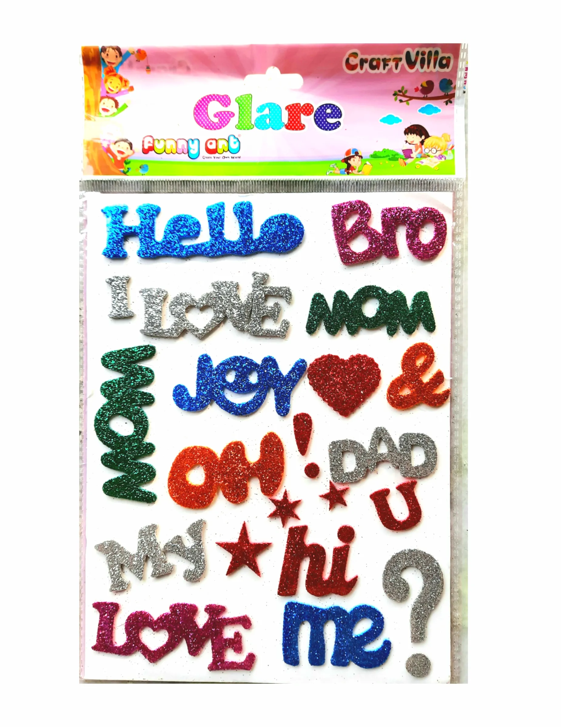 Craft Villa Glare Sparkle Glitter Self Adhesive (Multi Color) Eva Foam Sticker (Greeting Word Shape) Stickers for Craft , DIY, Scrapbooking and Decoration etc