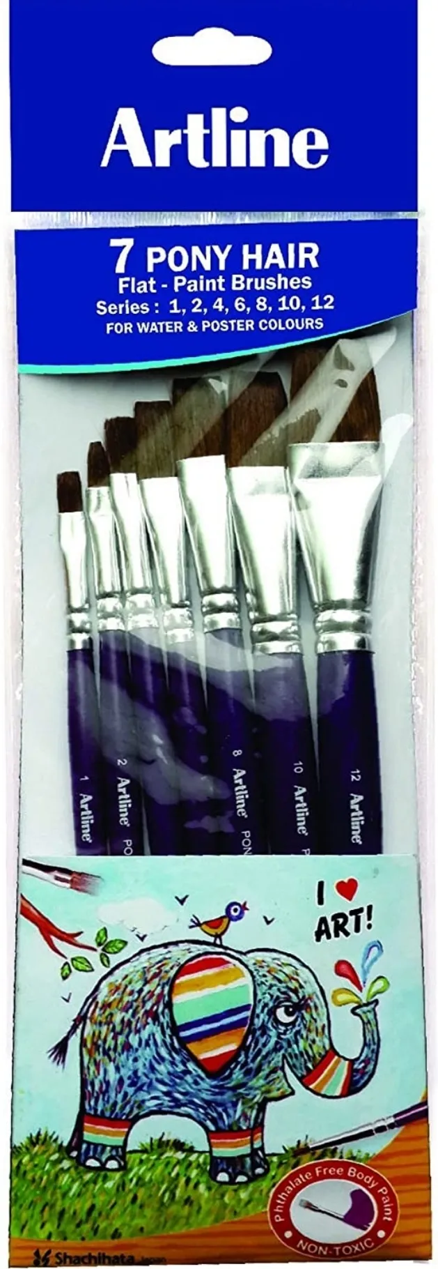 Artline 7 Flat Pony Hair Paint Brushes Set (Size 1,2,4,6,8,10,12) For Water & Poster Colours