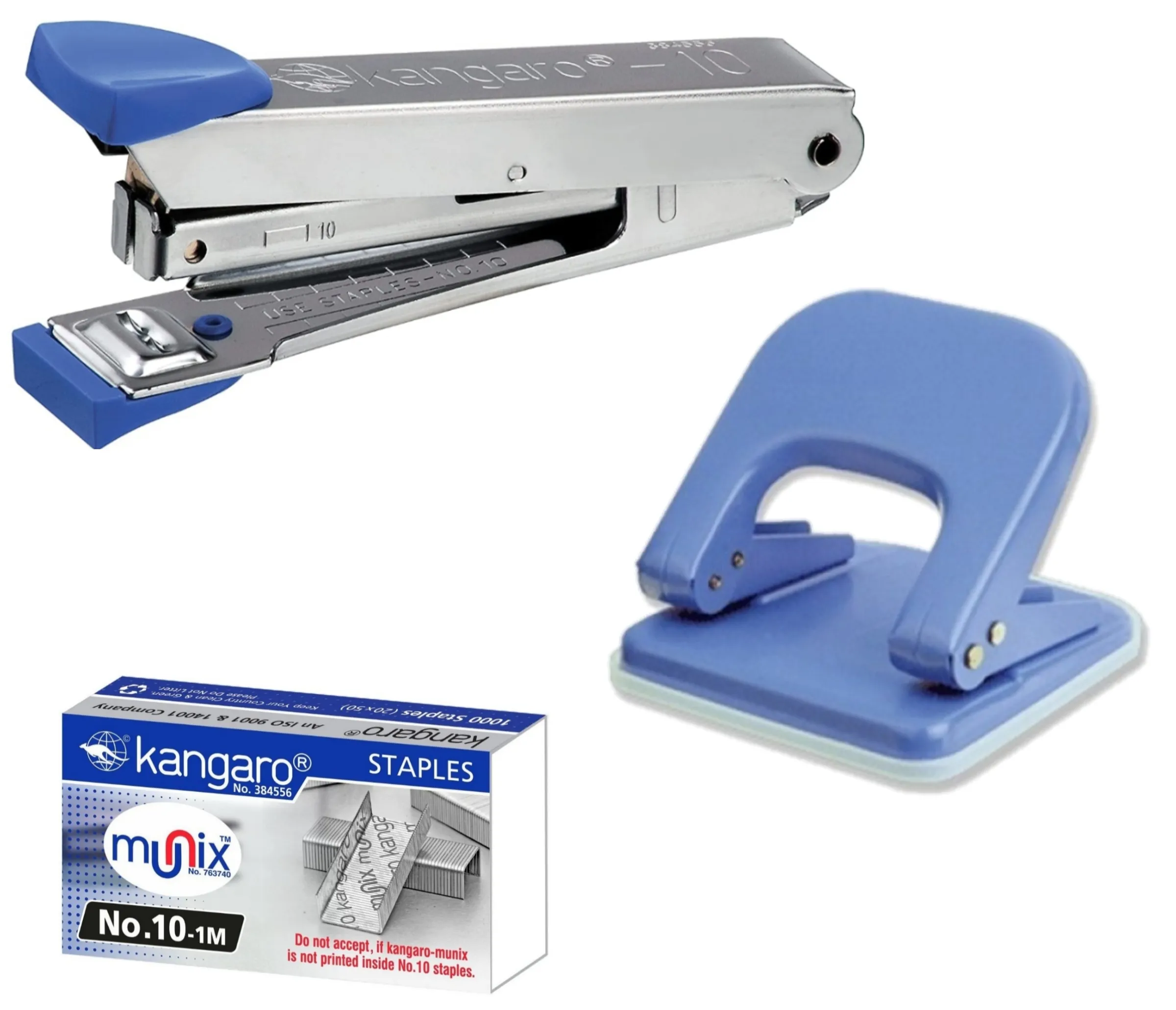 Kangaro Stapler No. 10, DP-500 Paper Punch, Staples No.10-1M Combo Pack 3 Items