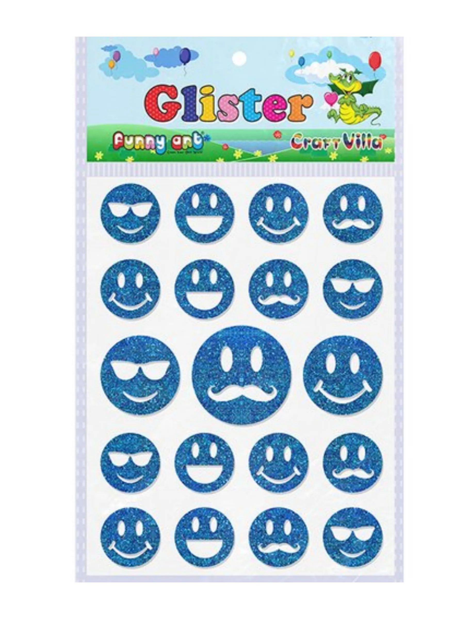 Craft Villa A5 Glitter Self Adhesive (Blue Color) Eva Foam Sticker (Smiley Shape) Stickers for Craft , DIY, Scrapbooking and Decoration etc