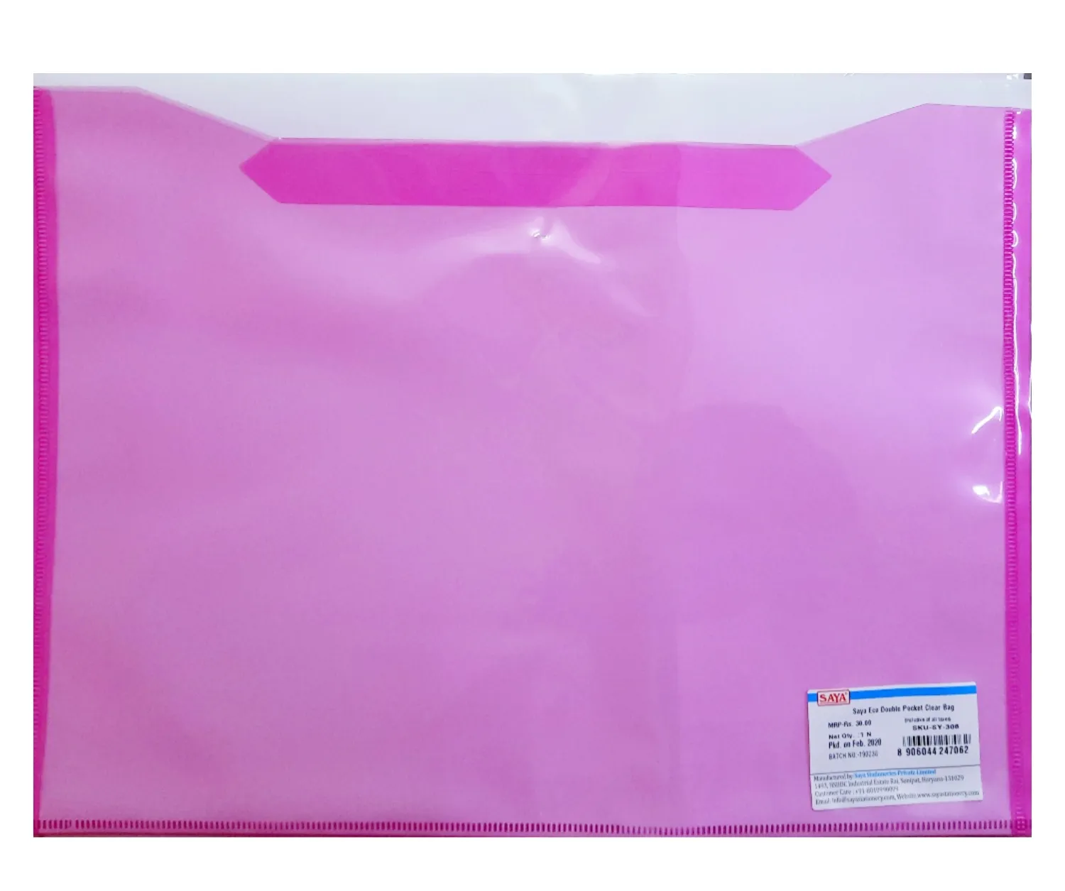 Saya Eco Double Pocket Clear Bag, SY - 308, Pink Color, Pack of 1