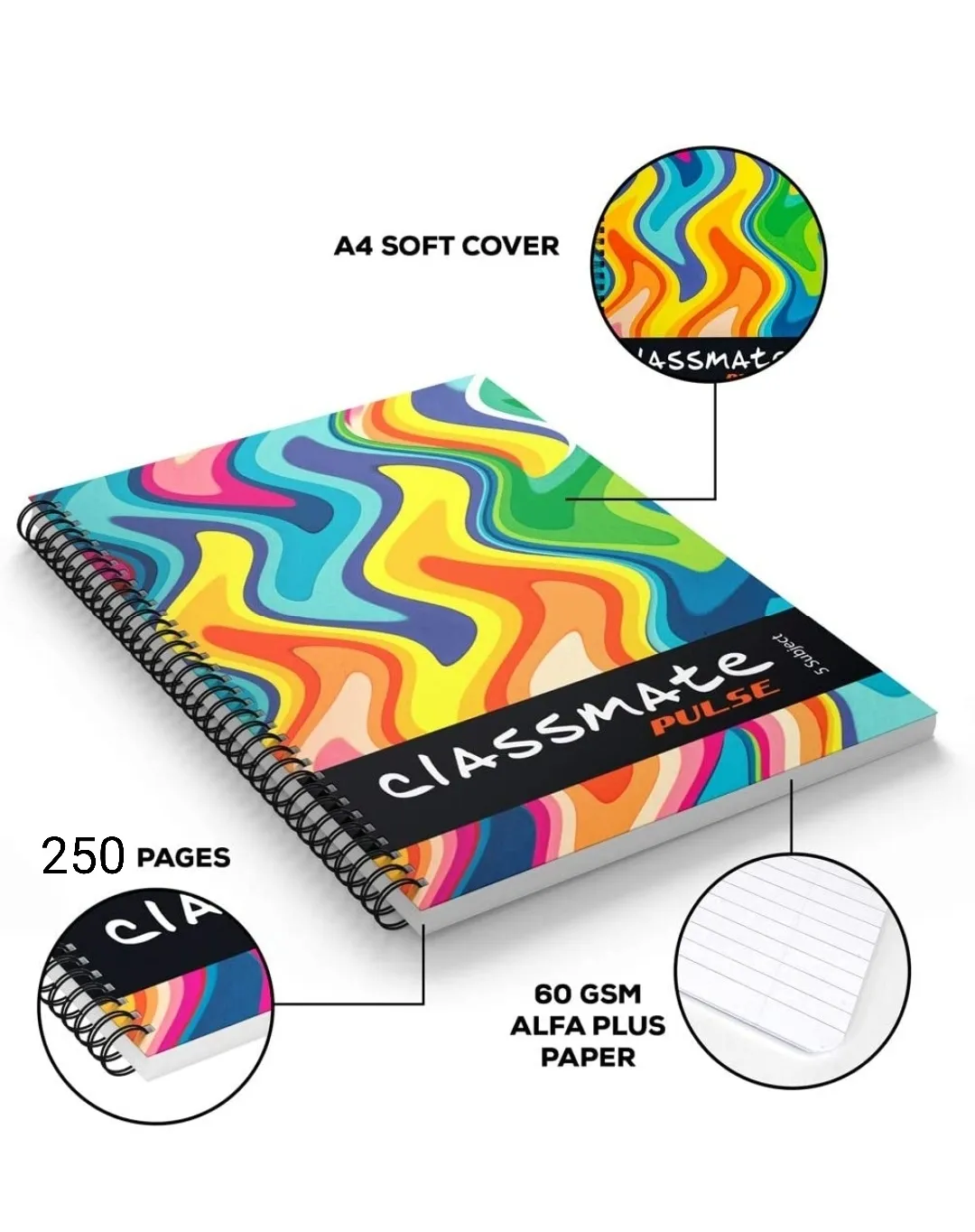 Classmate Pulse Notebook Soft Cover 5 Subject Spiral Binding Notebook Single Line 29.7 X 21 cm 250 Pages Pack of 1