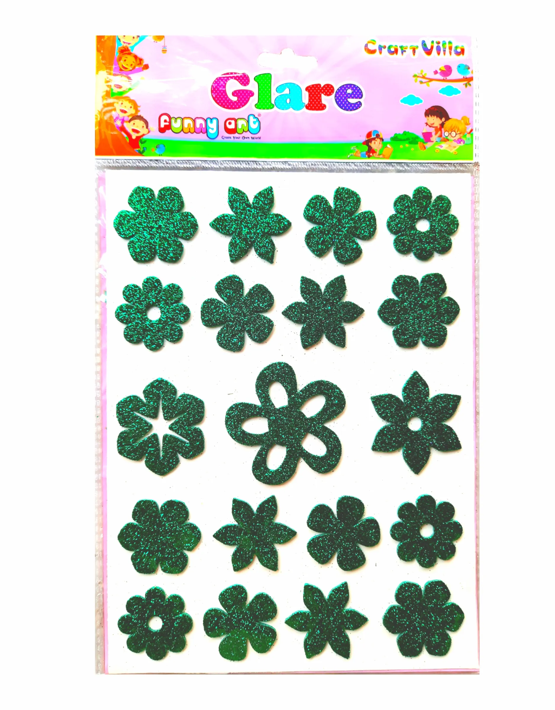 Craft Villa Glare Sparkle Glitter Self Adhesive (Green Color) Eva Foam Sticker (Flower Shape) Stickers for Craft , DIY, Scrapbooking and Decoration etc