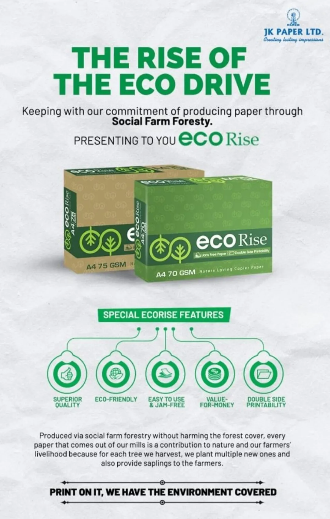 Eco Rise Printing Copy A4 Size JK Paper Eco Tree Friendly 70 GSM 500 Sheet Pack of 1