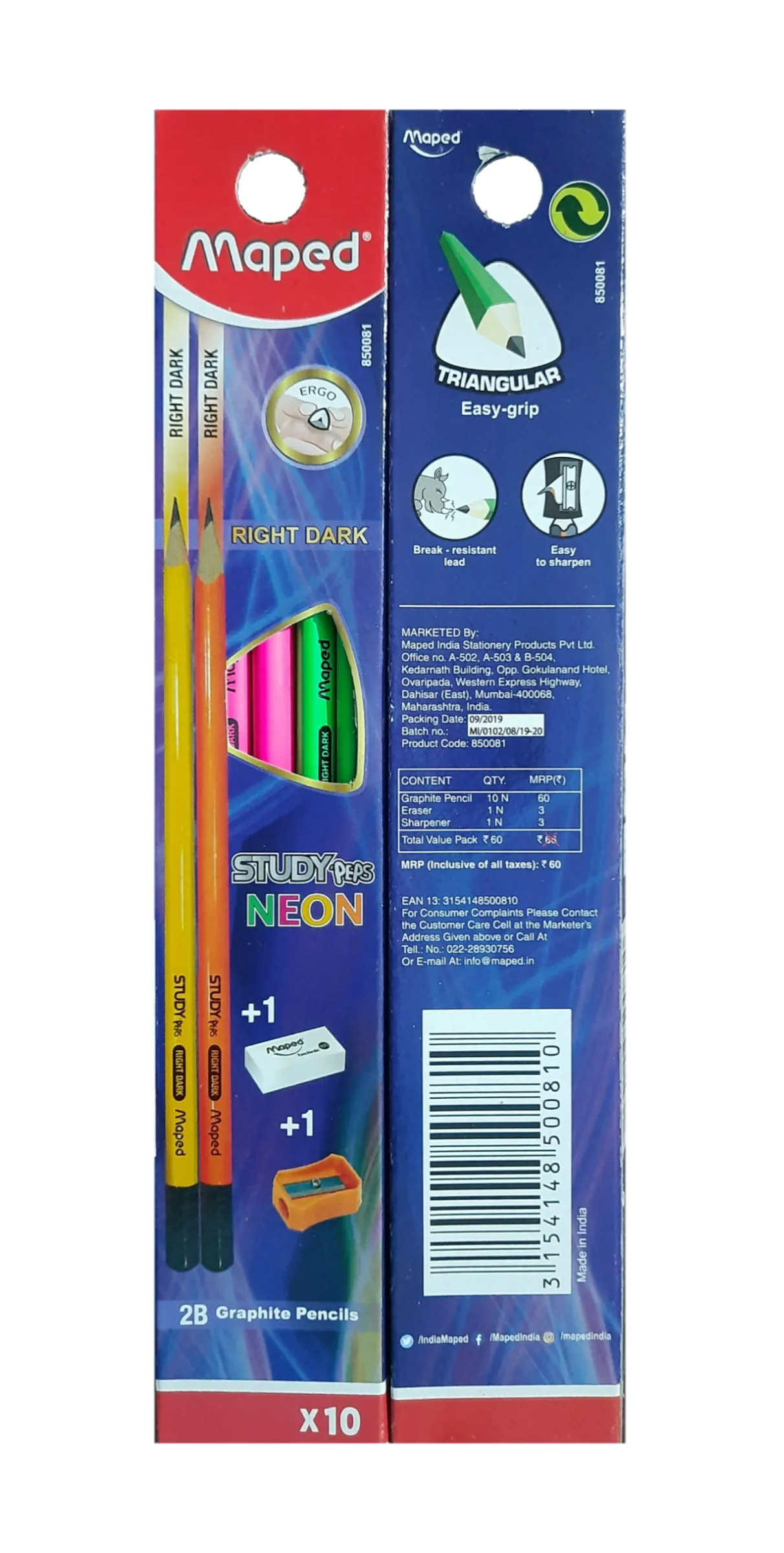 Maped Study Peps NEON Right Dark Pack of 10 Pencils with 1 Free Eraser & Sharpner