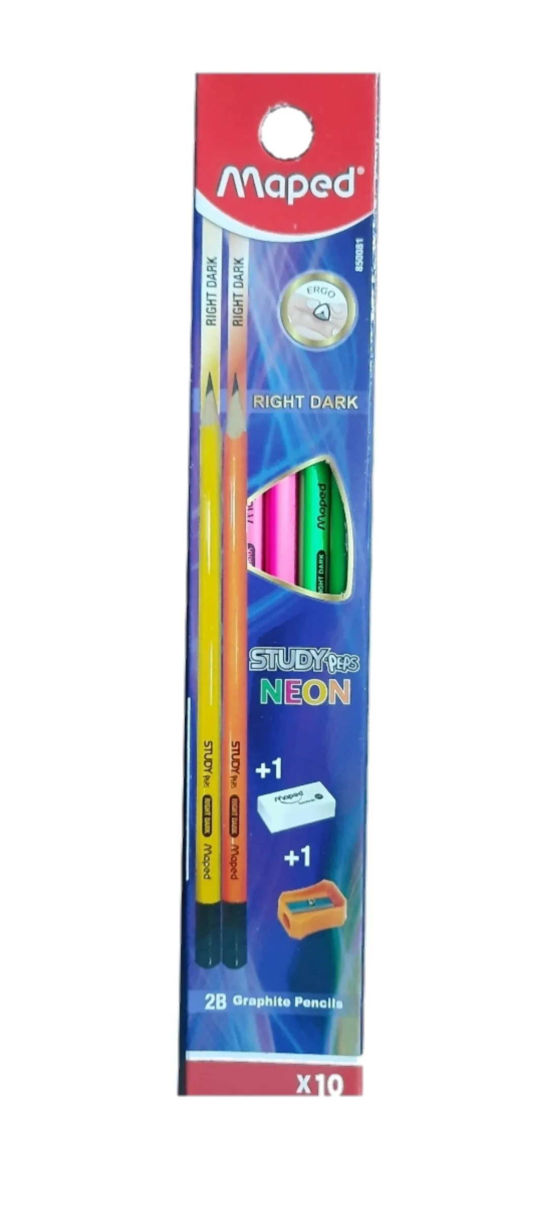 Maped Study Peps NEON Right Dark Pack of 10 Pencils with 1 Free Eraser & Sharpner