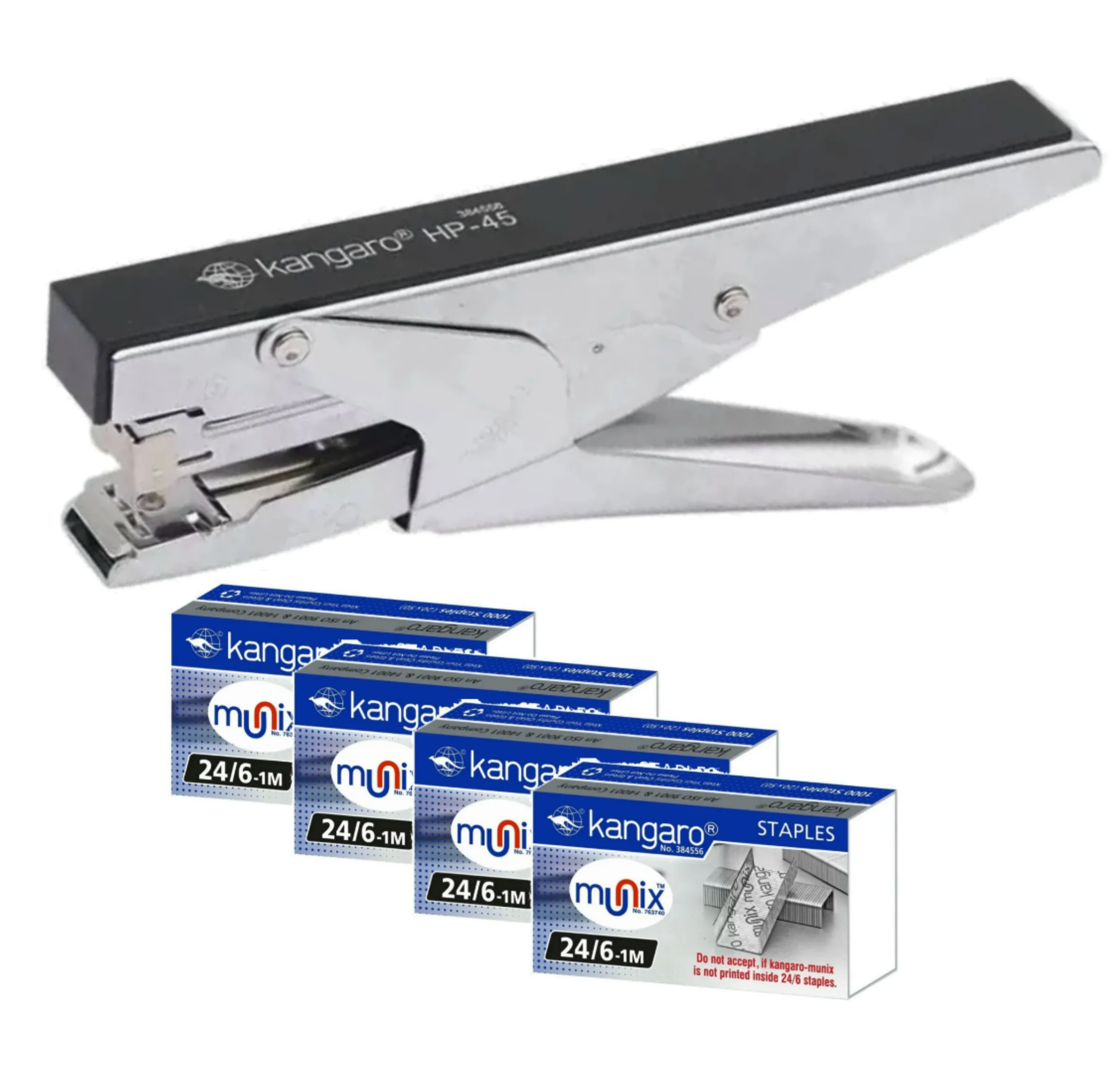 Kangaro HP- 45 Stapler With 4 Packs of Staple Pins 24/6-1M Metal Body With Nickel Chrome Plating Combo Pack