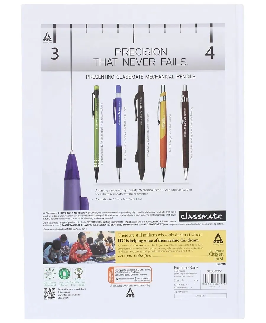 Classmate Long Notebook Hard Cover Single Line 360 Pages 27.2X16.7 CM Pack of 1