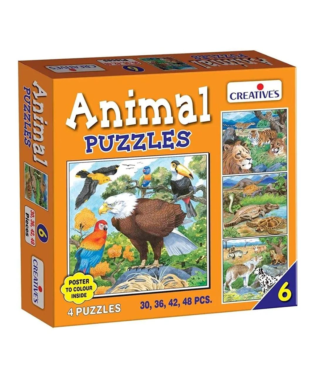 Creatives Animal Puzzles No.6 Multi Colour Jigsaw Puzzles 4 Puzzles  With Poster to Colour
