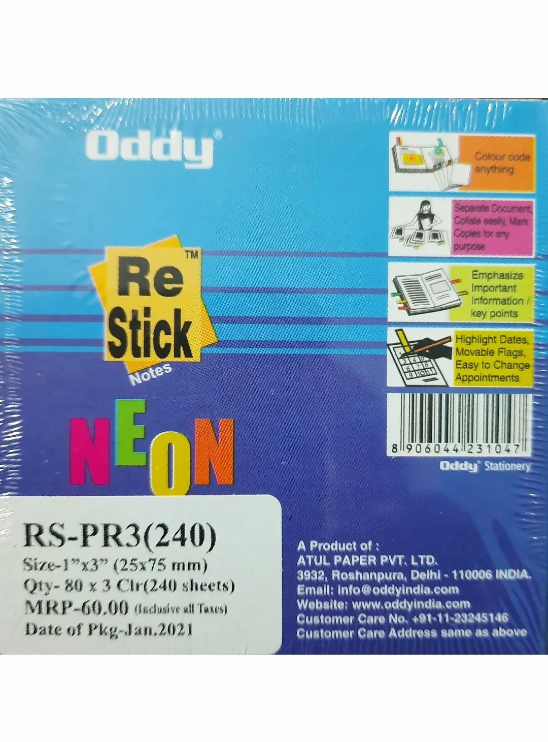Oddy Neon 1''X3'' (25X75 mm) Re Stick Notes, Multi Colour 240 Sheets Per Pad Pack of 1