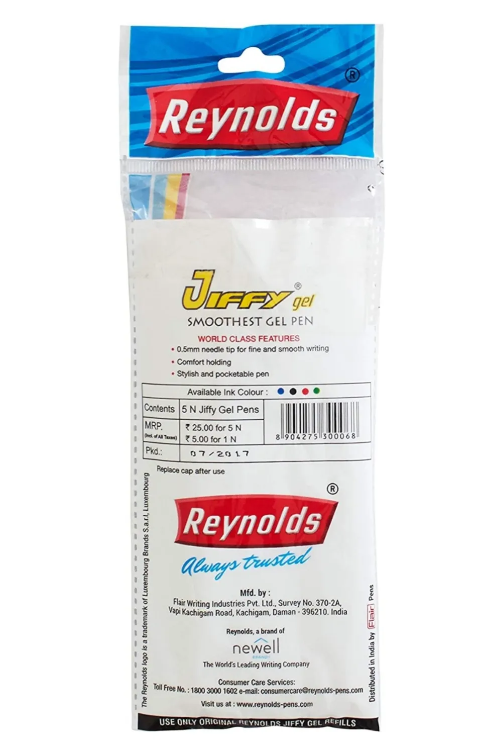 REYNOLDS JIFFY 0.5 MM NEEDLE POINT GEL PENS - PACK OF 5 (BLUE)