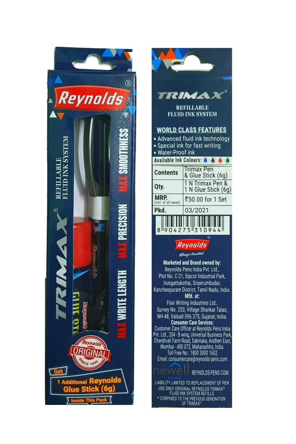 REYNOLDS Trimax Pen With Free Reynolds Glue Stick (Blue Ink) - Pack of 1