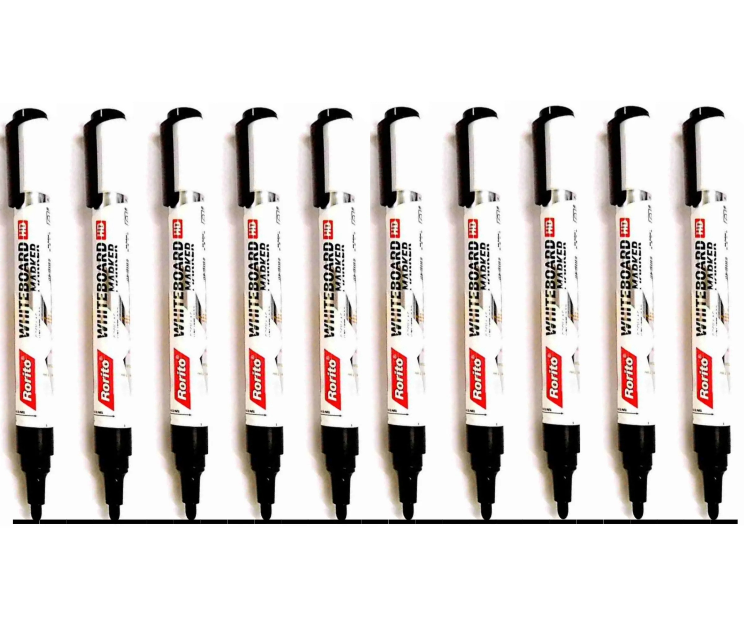 Rorito Whiteboard HD Refillable Marker Pen, Black - Pack of 10