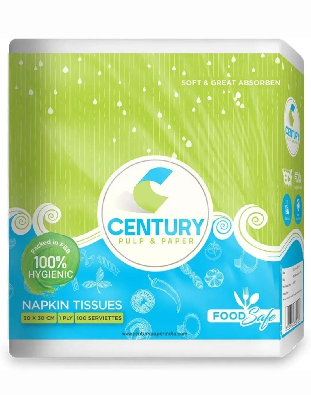 Century Napkin Tissue (30 X 30 CM , 100 PULLS / SERVIETTES) - PACK OF 6