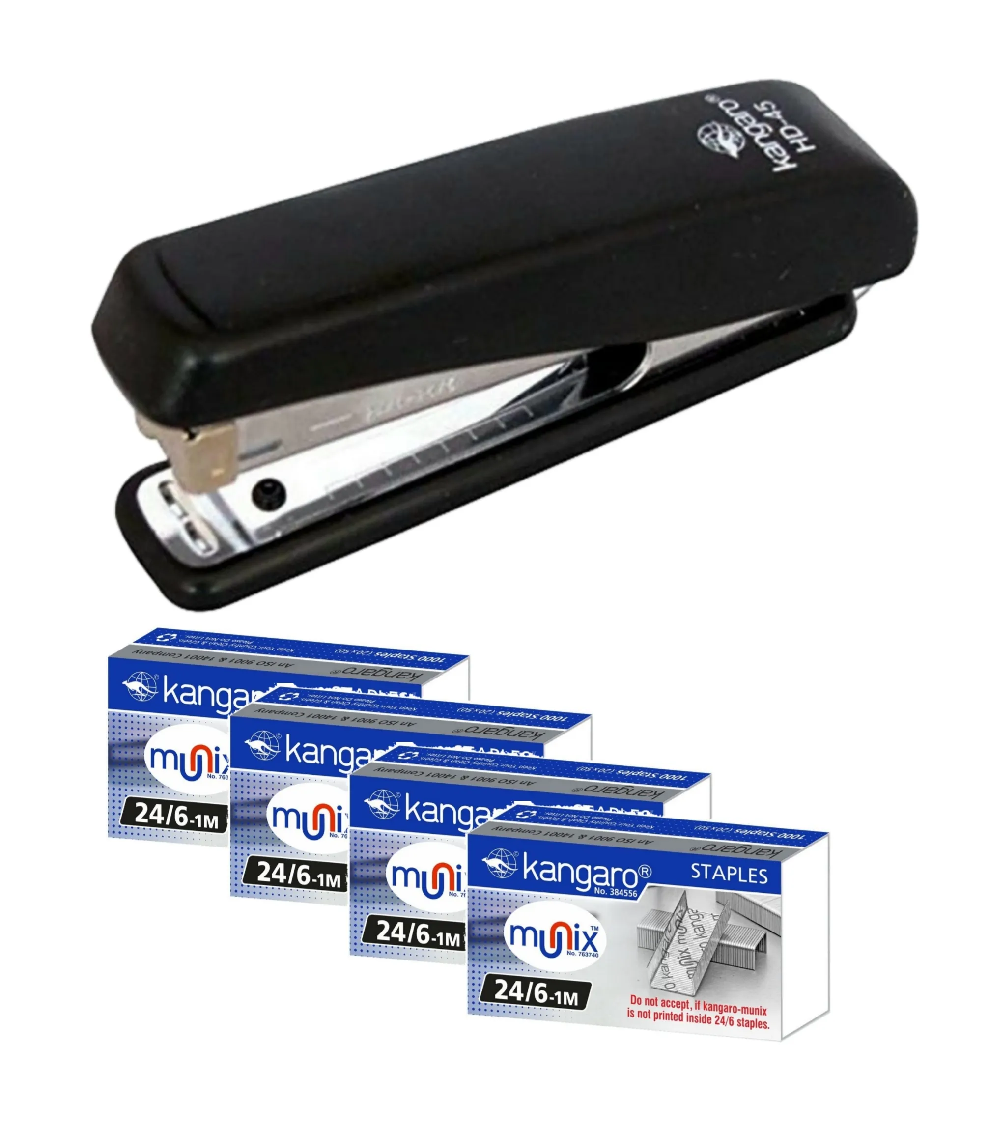 Kangaro HD-45 Stapler With 4 Packets of Staple Pin 24/6-1M Heavy Duty Steel Component With Plastic Body Combo Pack