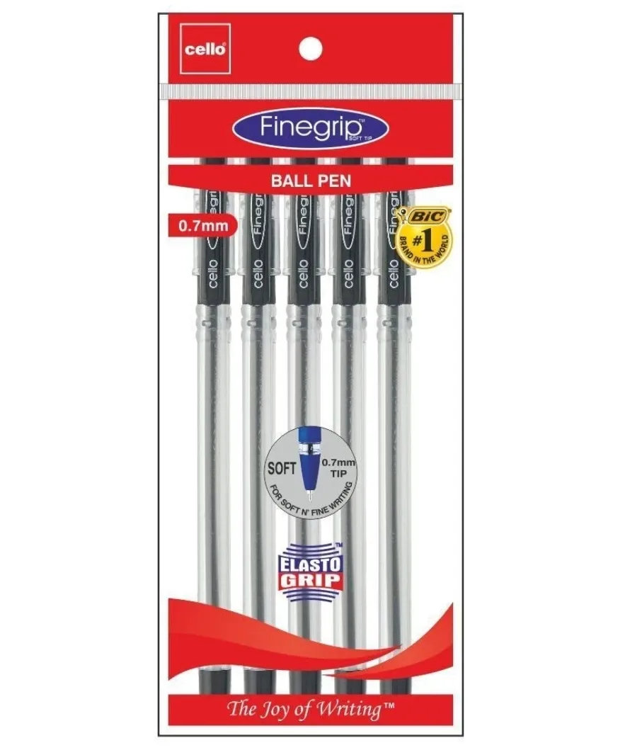 Cello Finegrip Ball Point Pen 0.7 mm Black Pen 1 Pack of 5 Pens