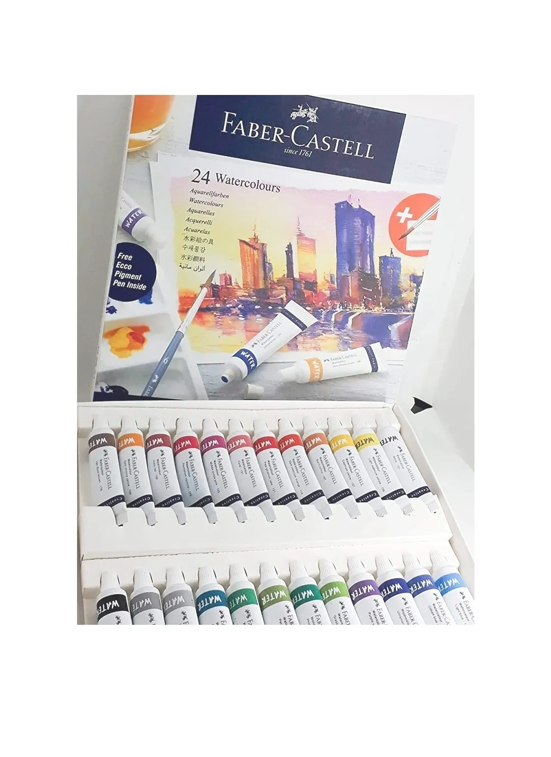Faber Castell Creative Studio Water Colour 9ml Set of 24 shades With Free Size Brush And Palette Plate