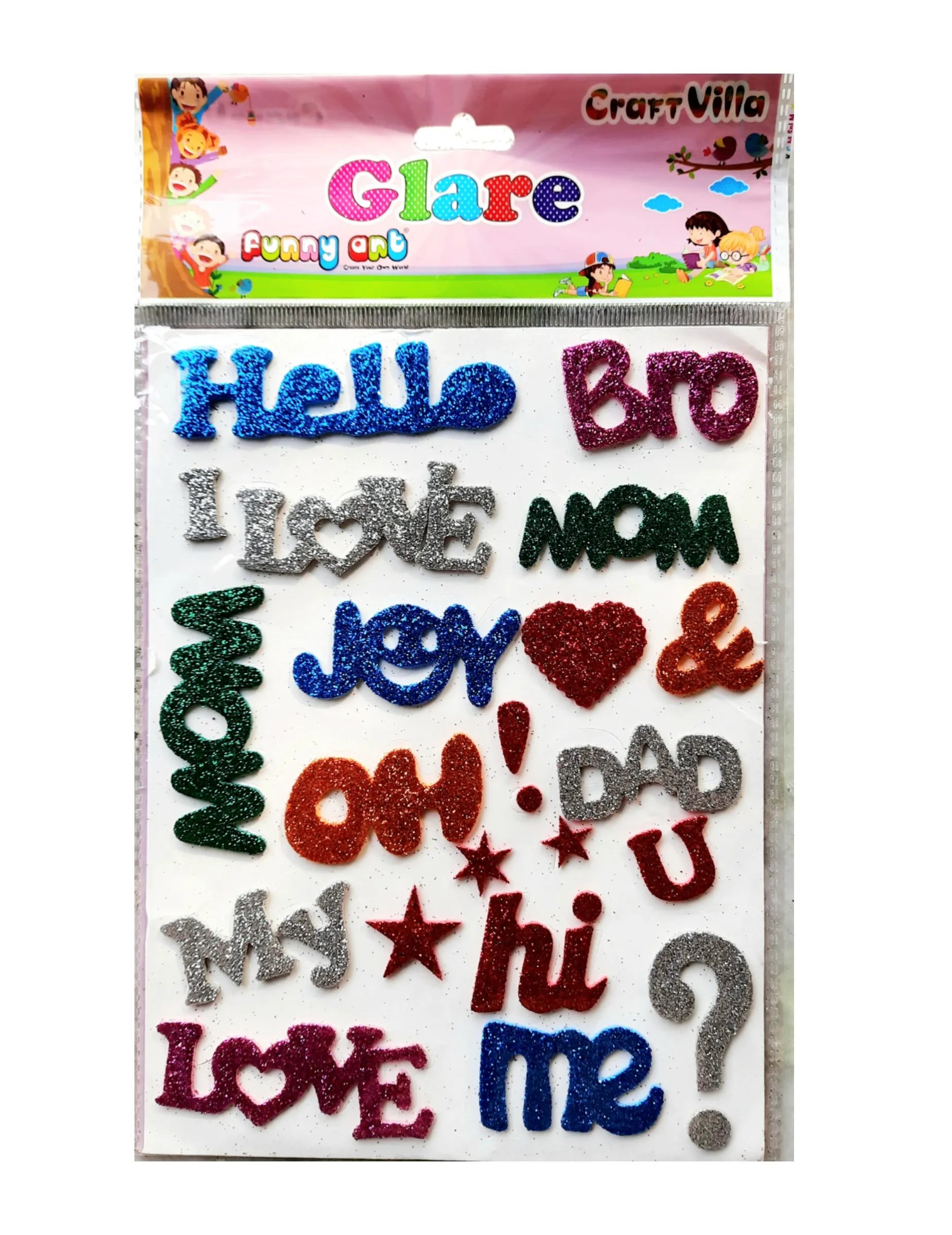 Craft Villa Glare Sparkle Glitter Self Adhesive (Multi Color) Eva Foam Sticker (Greeting Word Shape) Stickers for Craft , DIY, Scrapbooking and Decoration etc