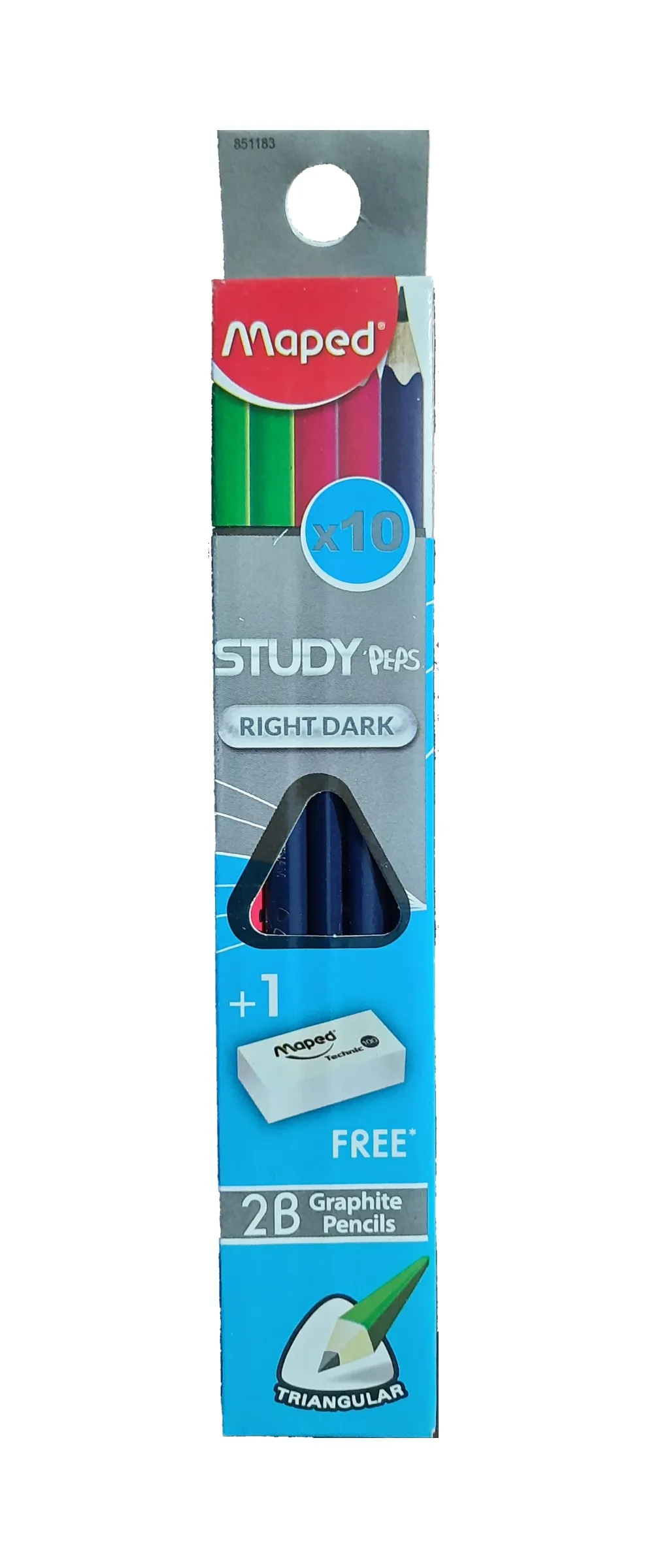 Maped Study Peps Right Dark Traigular 2B Graphite Pencils pack of 10 with 1 Eraser Free