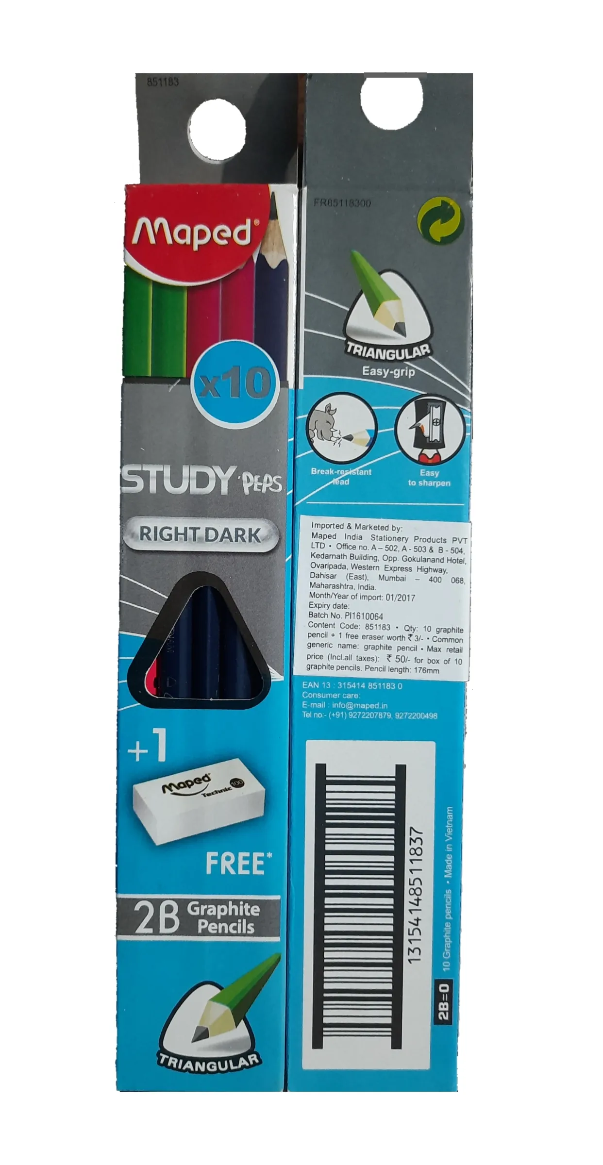Maped Study Peps Right Dark Traigular 2B Graphite Pencils pack of 10 with 1 Eraser Free