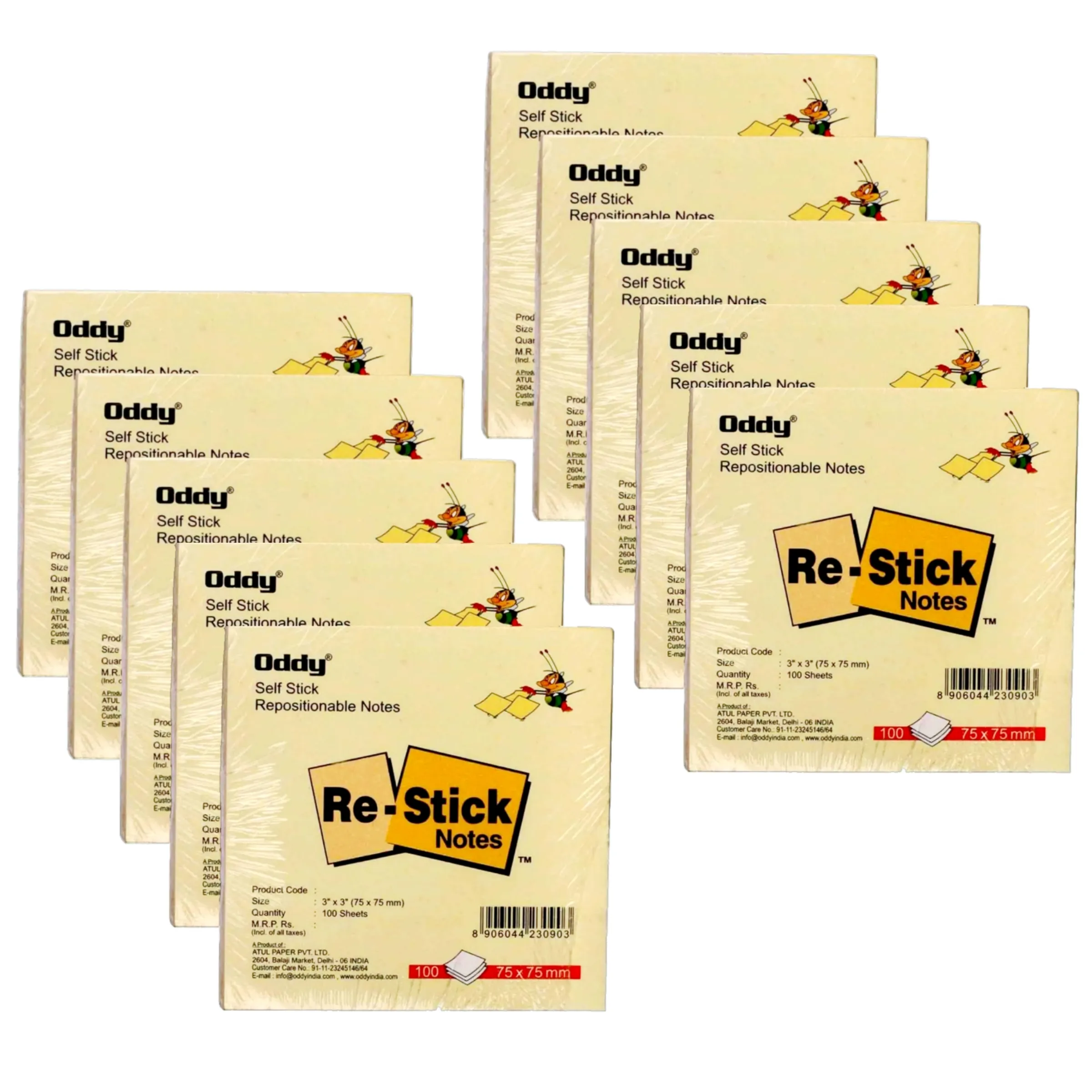 Oddy Self Stick Repositionable Notes 3"X3" (75X75 mm) 10 Pack of 100 Sheets