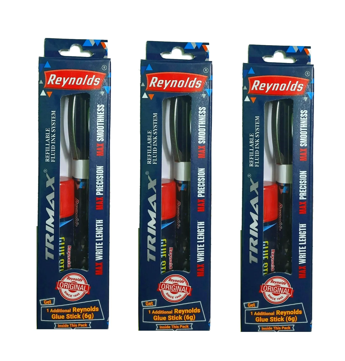 REYNOLDS TRIMAX PEN WITH FREE REYNOLDS GLUE STICK (BLUE INK) - PACK OF 3