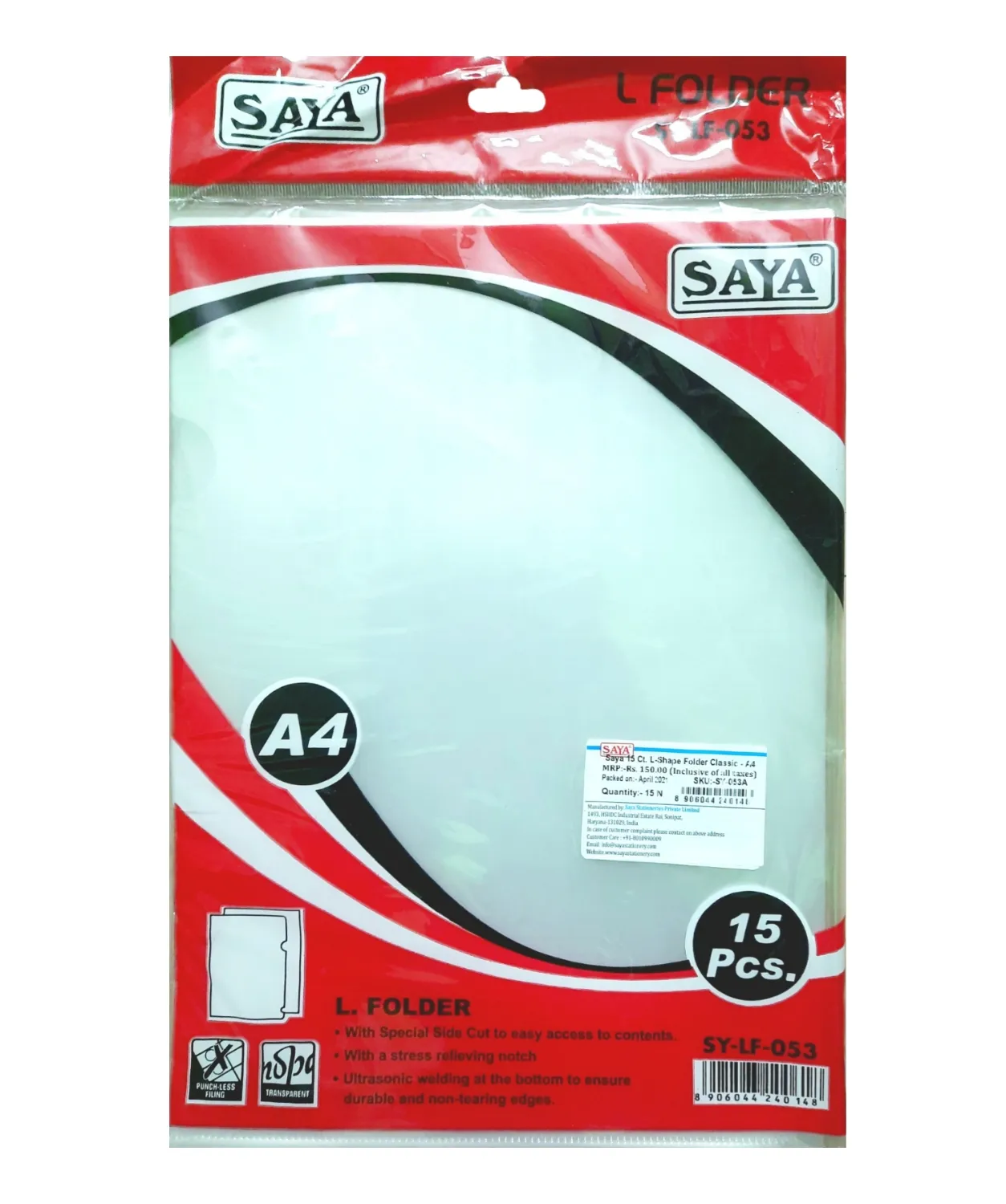 Saya L- Folder Classic A4 Pack of 15 Punch-Less Filing