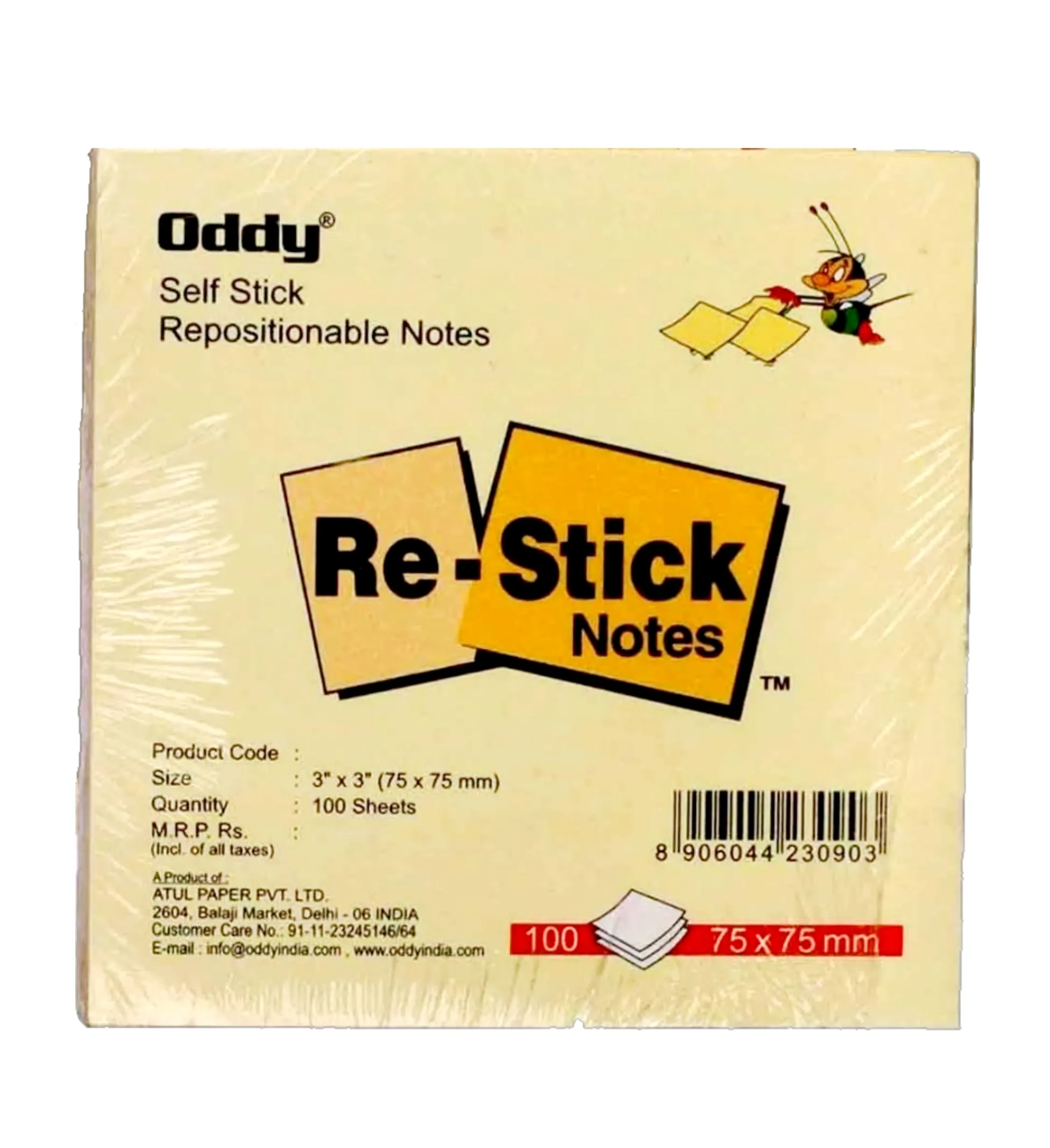 Oddy Self Stick Repositionable Notes 3"X3" (75X75 mm) 5 Pack of 100 Sheets
