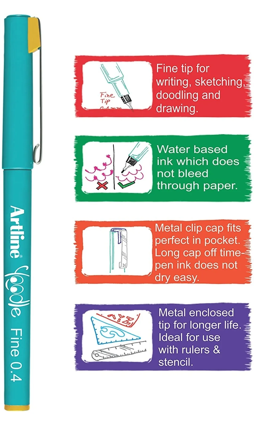Artline Yoodle Fine Line Pens 0.4 mm (Pack of 15 Pens)