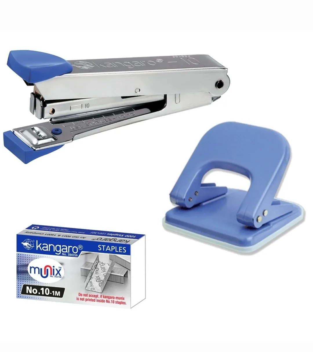 Kangaro Stapler No. 10, DP-500 Paper Punch, Staples No.10-1M Combo Pack 3 Items