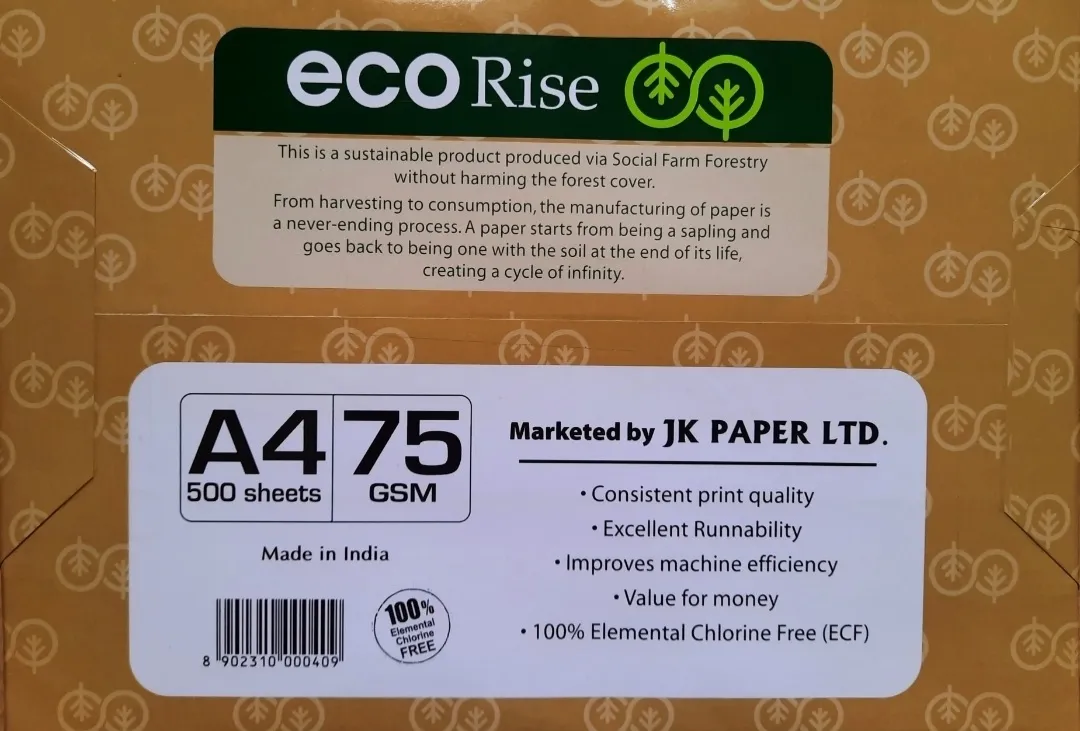 Eco Rise Printing Copy A4 Size JK Paper Eco Tree Friendly 75 GSM 500 Sheet Pack of 4